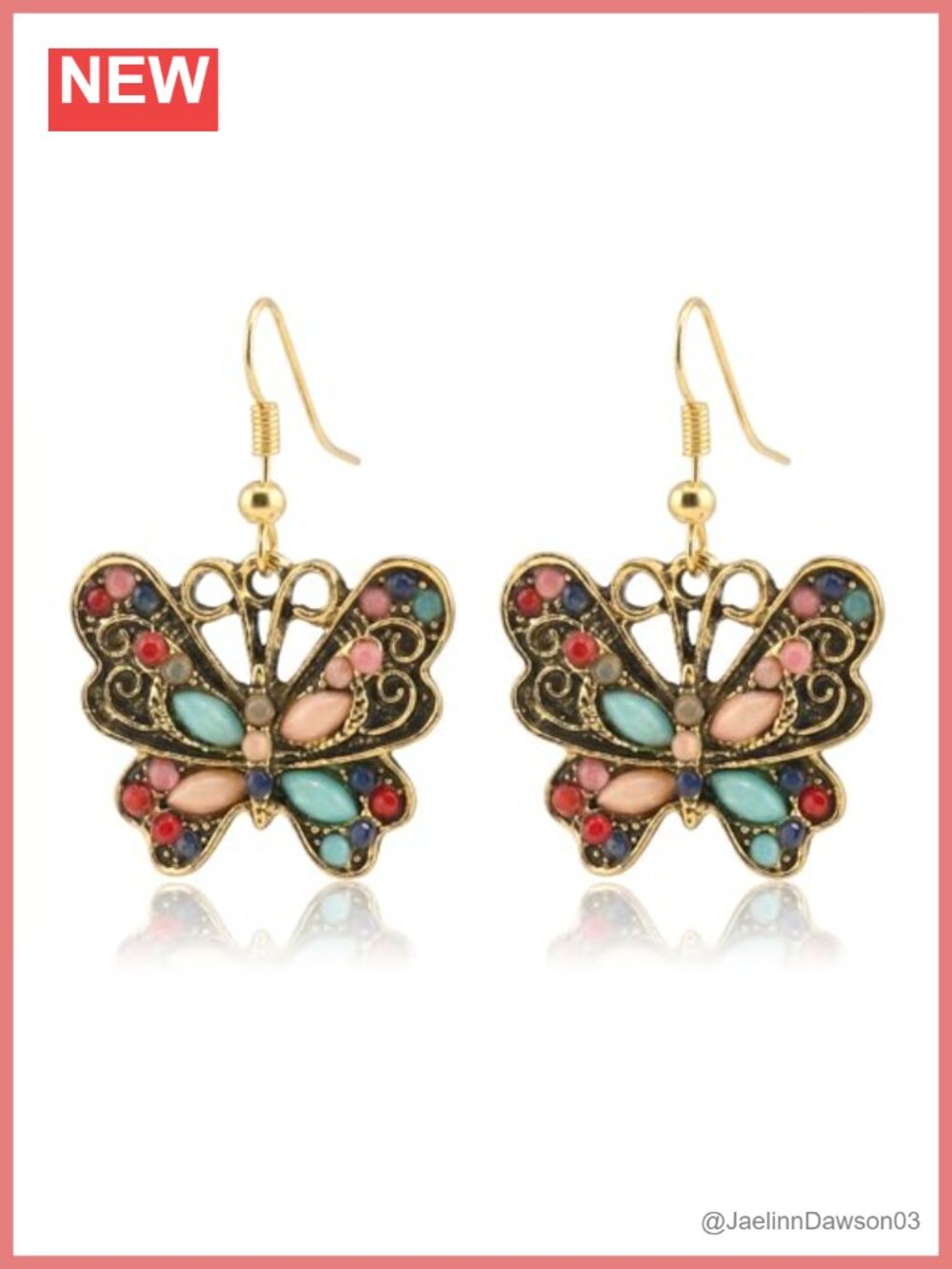 Enamel Butterfly Drop Dangle Earrings, Gold Fishhook, Lightweight
